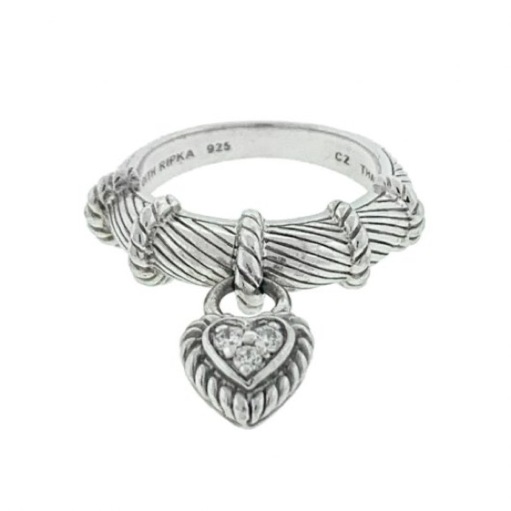 Judith Ripka Sterling Silver Ring W/Dangling Heart